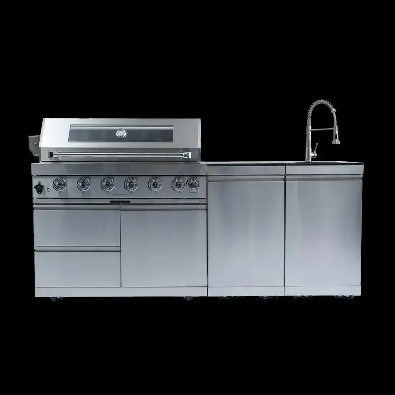 43インチ 6バーナー 85000BTU デラックス ステンレス製 ガスBBQグリル 屋外キッチンアイランド ロティサリー付き、花崗岩カウンタートップ