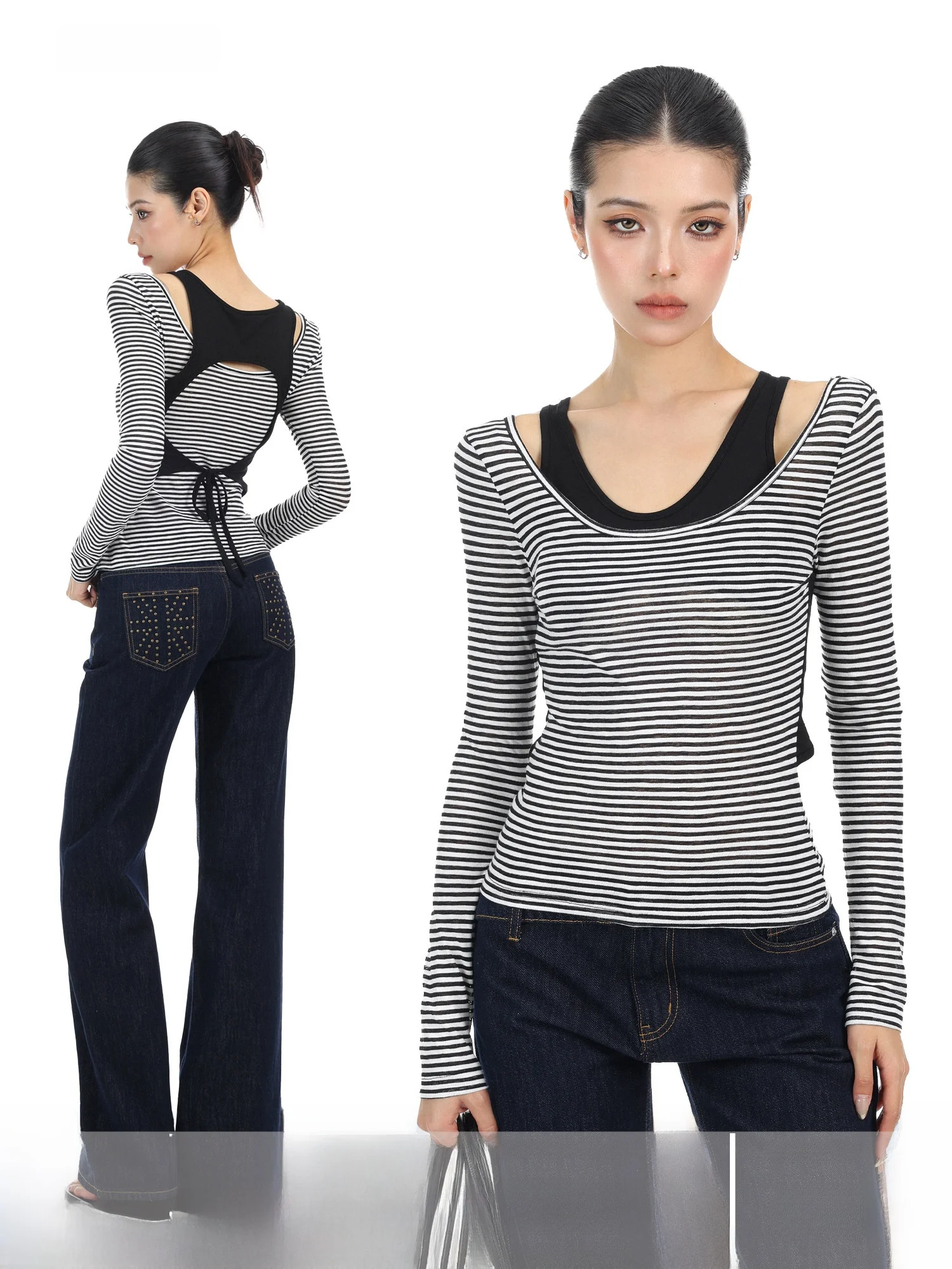 Slimming Short Sleeve T-Shirt Women's Spring Casual Style Striped Long Sleeve Base Shirt Trendy Top Breathable Skin-friendly