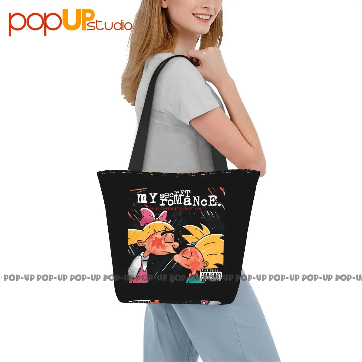 Hey Arnold! Helga As My Chemical Romance Rock Album Style Black Cartoon Handbags All-Match Shopping Bag Large Capacity