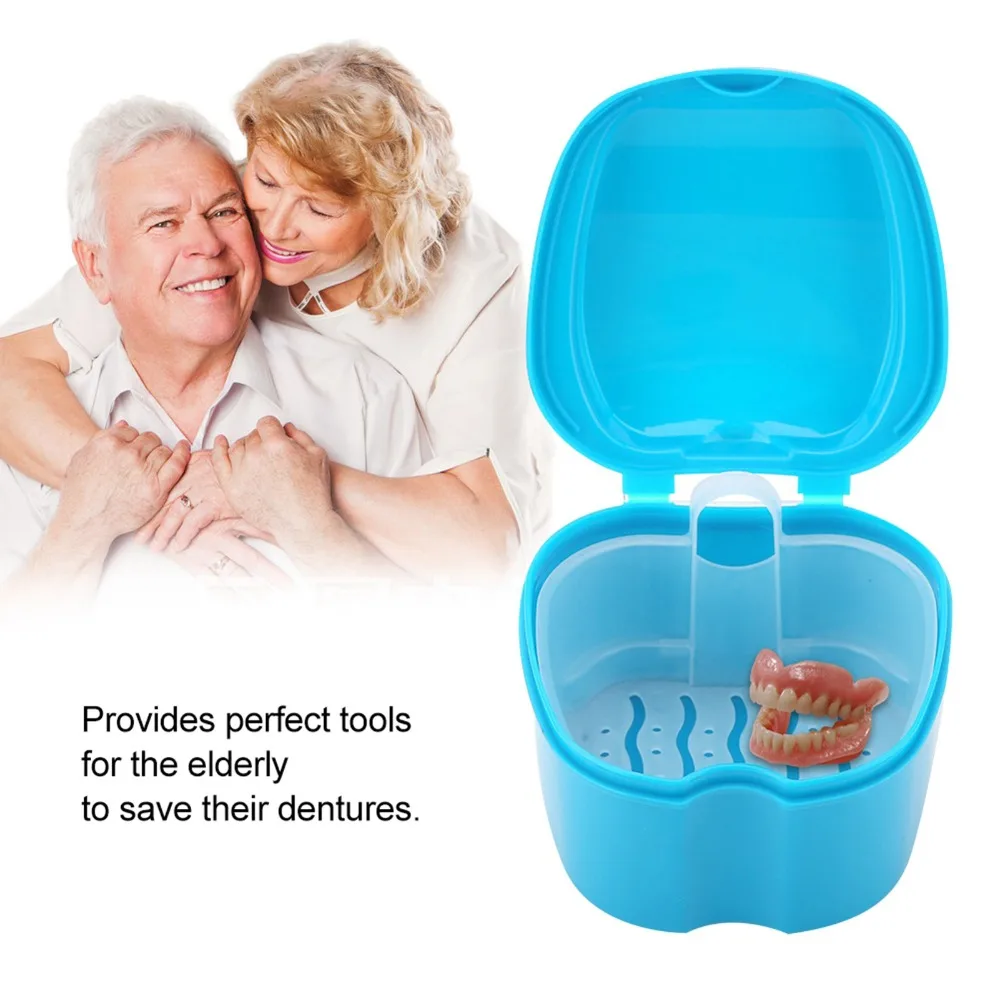 With Filter Screen False Teeth Storage Box Dental Appliance Cleaning Container Denture Bath Box Light Blue Oral Hygiene