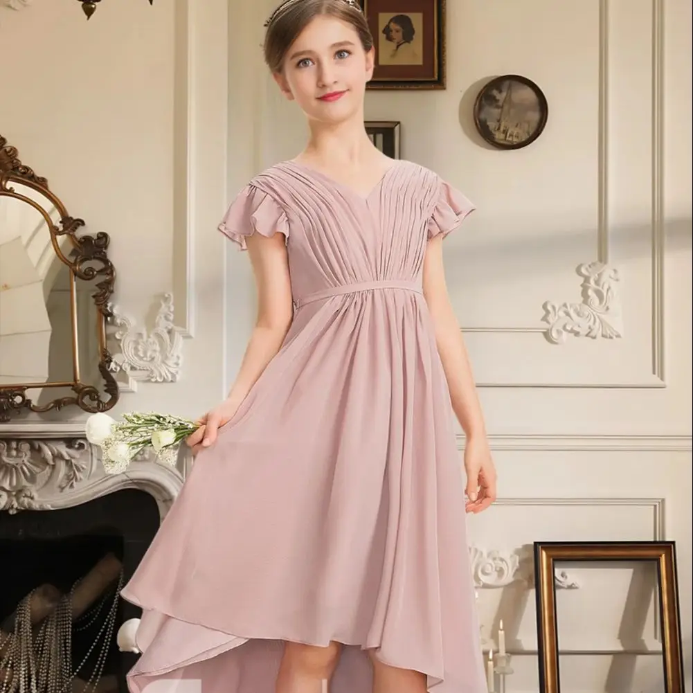 

JFKJ Kids Chiffon Junior Bridesmaid Dress With V-Neck Asymmetrical Hem Bow Cascading Ruffles For Flower Girl Dress Wedding Party