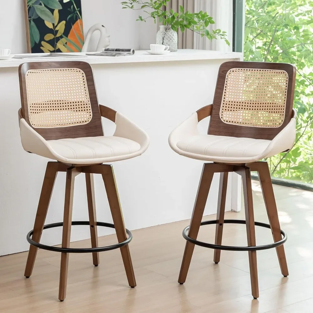 

Set of 2 Mid Century Modern Counter Stools - 26.4 inch Swivel Rattan bar stools with Cane Back, Upholstered Faux Leather