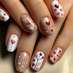 Medium long fake nails beautiful rose flowers heart for Valentine's Day Wedding party faux ongles press on false nail art set