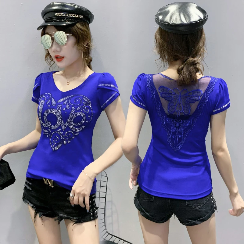 2023 Summer Girl T Shirt Cotton Diamonds Letters Love Heart V-neck Petal Sleeve Slim T-shirt Tops Casual Women Clothing Tees