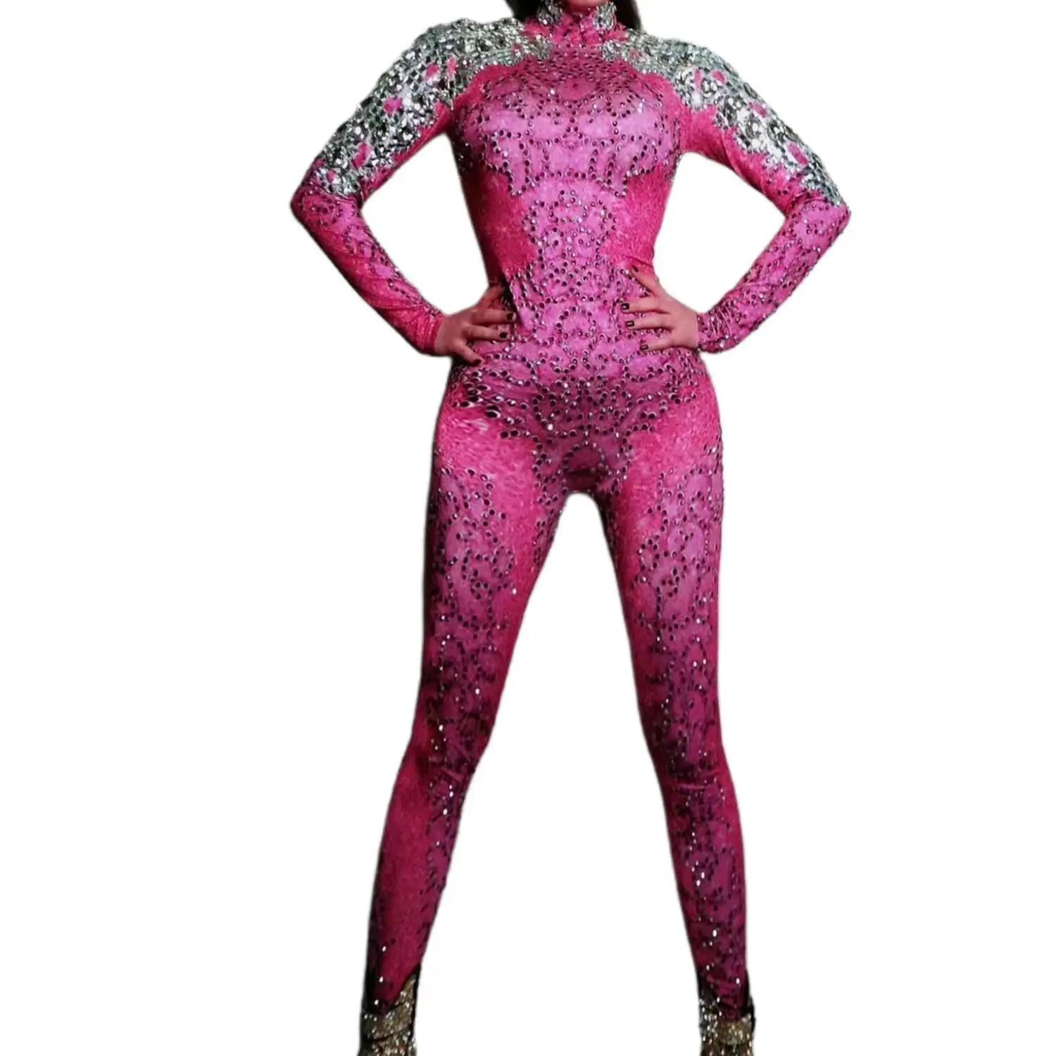 

Meihong Hot Pink Full Rhinestone Long Sleeve Jumpsuit High Neck Slim Fit Stretch Bodysuit Sparkly Silver Shoulder Crystal Outfit