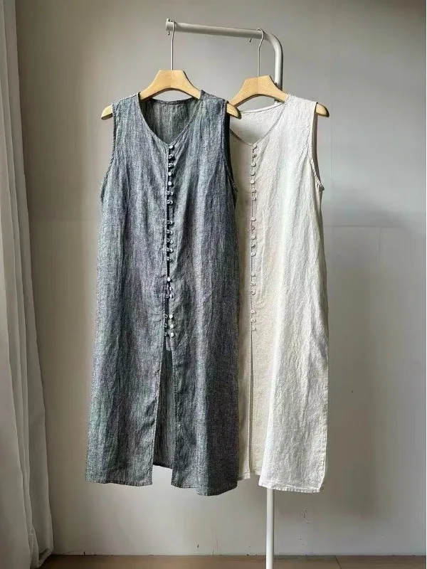 

Casual Loose Long Shirt Women's plus Size Sleeveless V-Neck Open Cardigan Summer Thinming Comfortable Cotton Polyester Blend