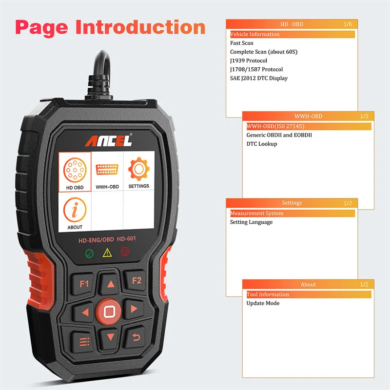 HD601 OBD2 24V Heavy Duty Truck Repair Fault Diagnostic Code Reader Engine Tester Truck Scanner Tool With 6pin+9pin interface
