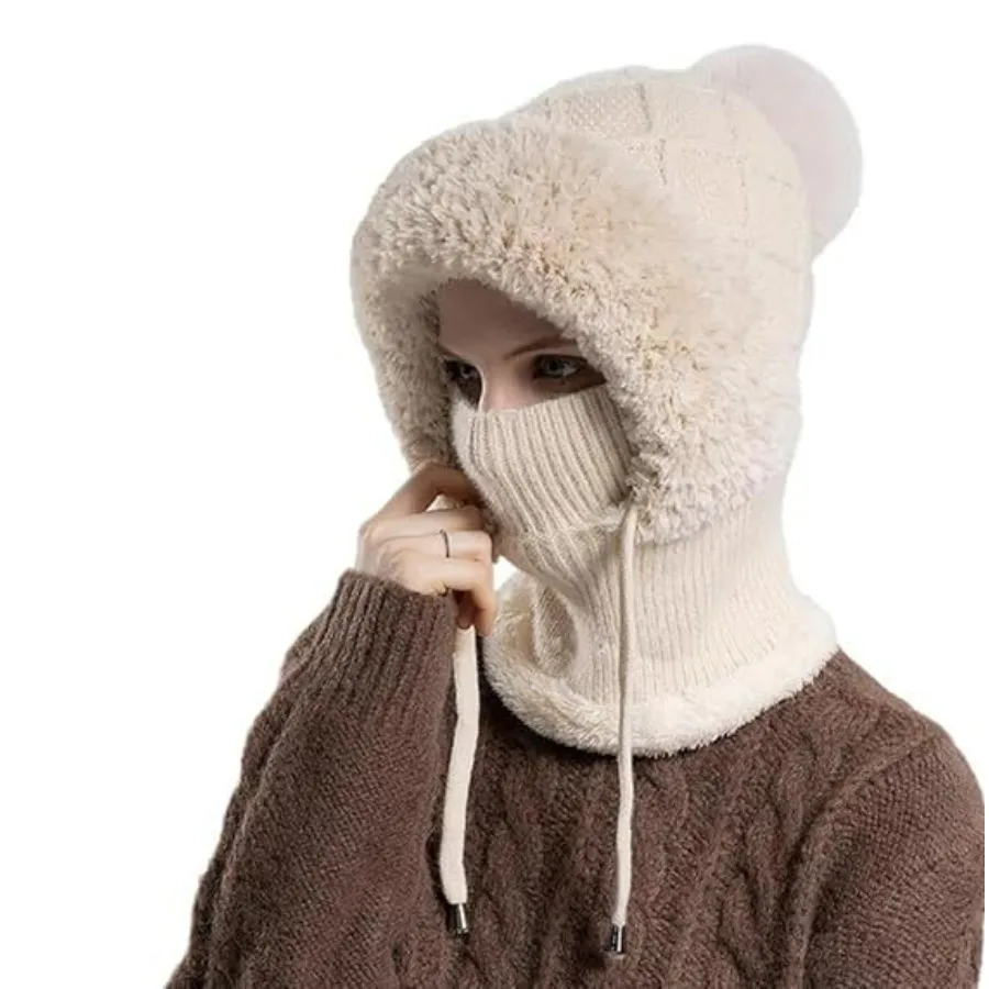 

Women's 3-in-1 Beanie Hat with Scarf and Mask, Fleece-Lined Winter Ear Muff Beanie for Cold Weather
