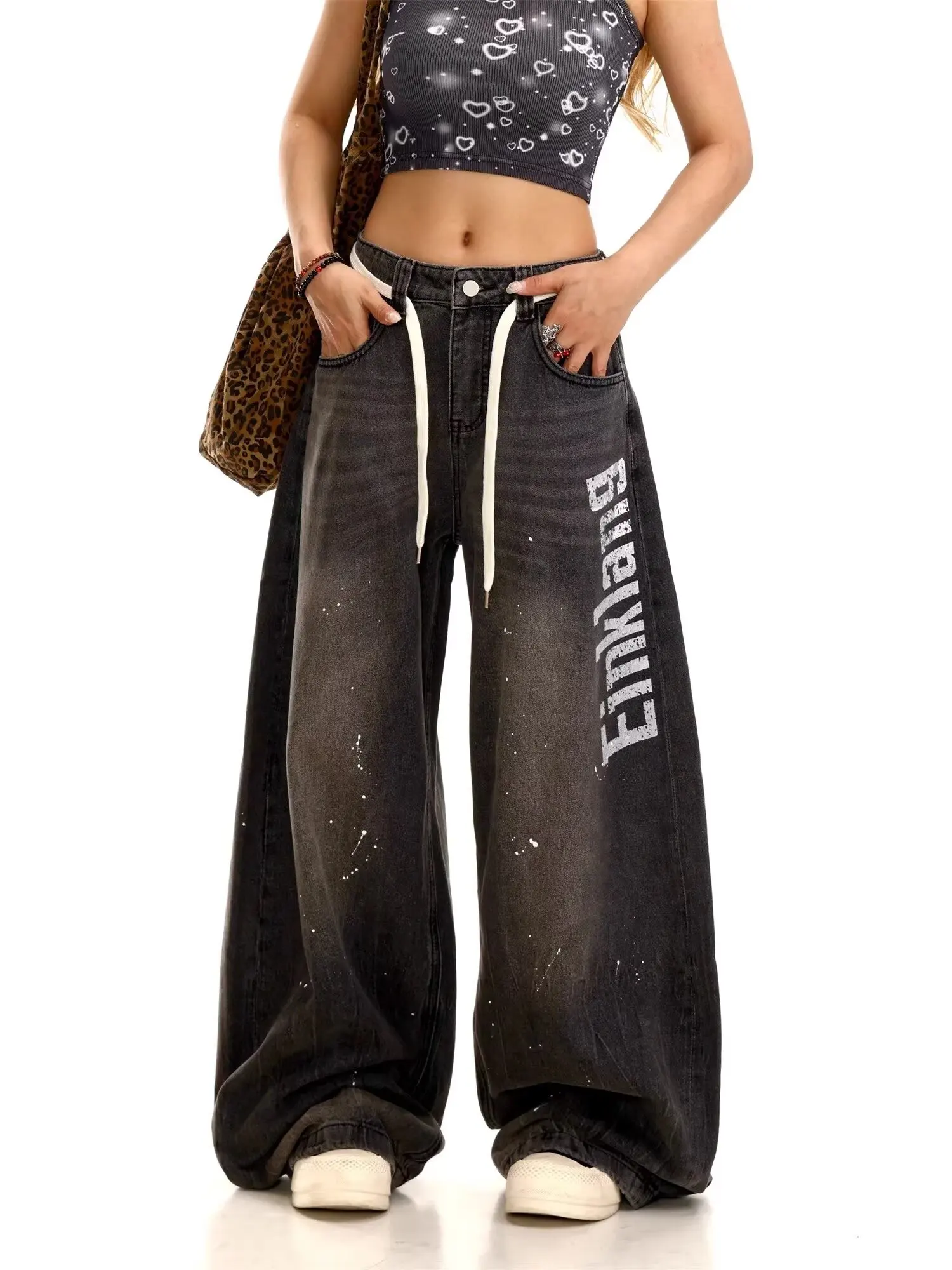 

Retro Ink Wide Leg Jeans Men Women Loose Fit Long Trousers Knife Sle Casual American Streetwear 2000s Style Trashy Clothes