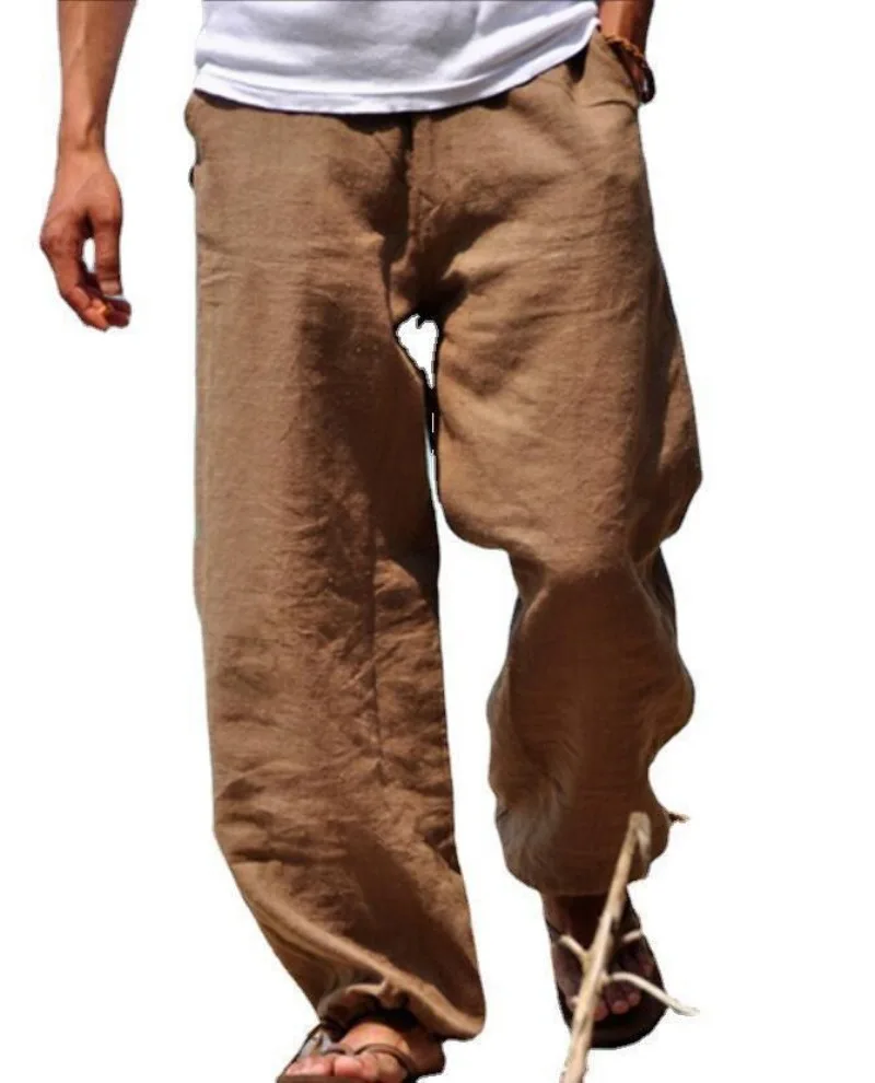 Men's Long Pants, Cotton Linen Elastic Waist Blend, Comfortable and Soft, Beach Casual, Solid Color Long Pants, Trendy Men