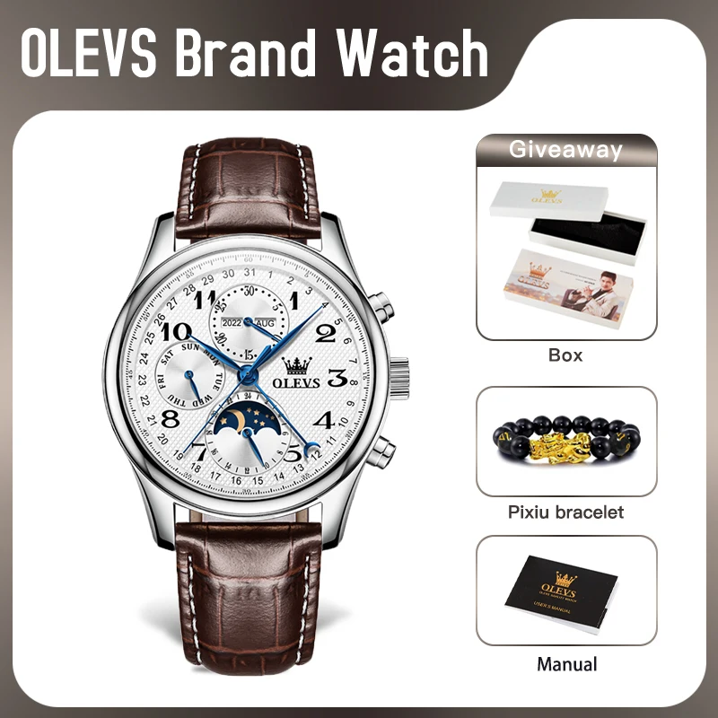 OLEVS 6667 Mens Watch Business Original Mechanical Watch Moon Phase Multifunctional Chronograph Waterproof Leather Strap Gifts