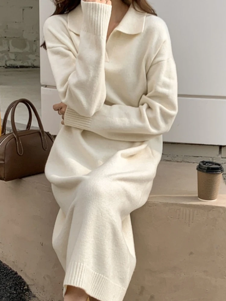 Robe longue tricotée à revers pour femme, manches longues, couleur unie, décontractée, épaisse, chaude, ample, pull, nouvelle collection automne hiver