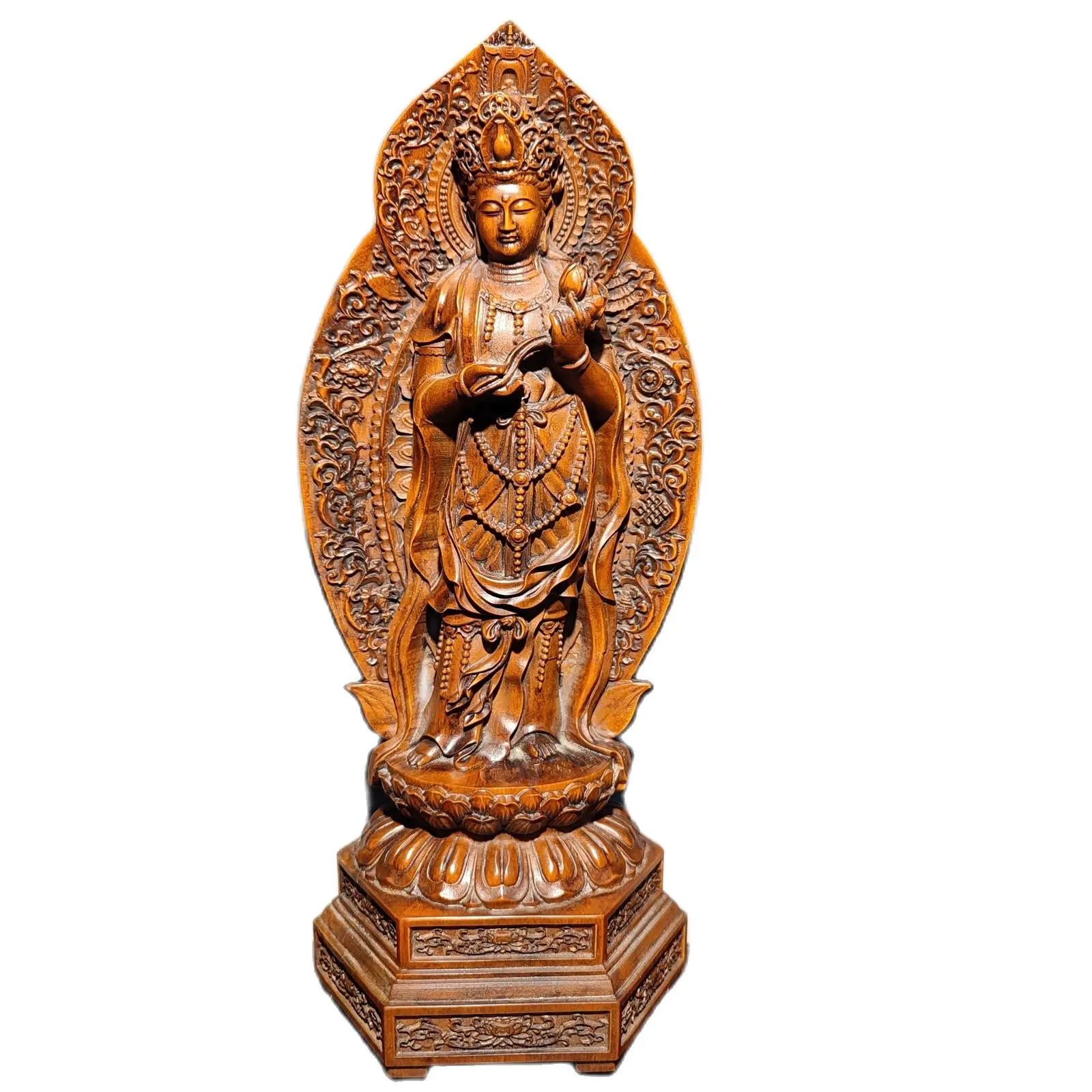 wooden statue carving decor sculpture Guanyin holding lotus Kwan-yin bodhisattva souvenir amusing