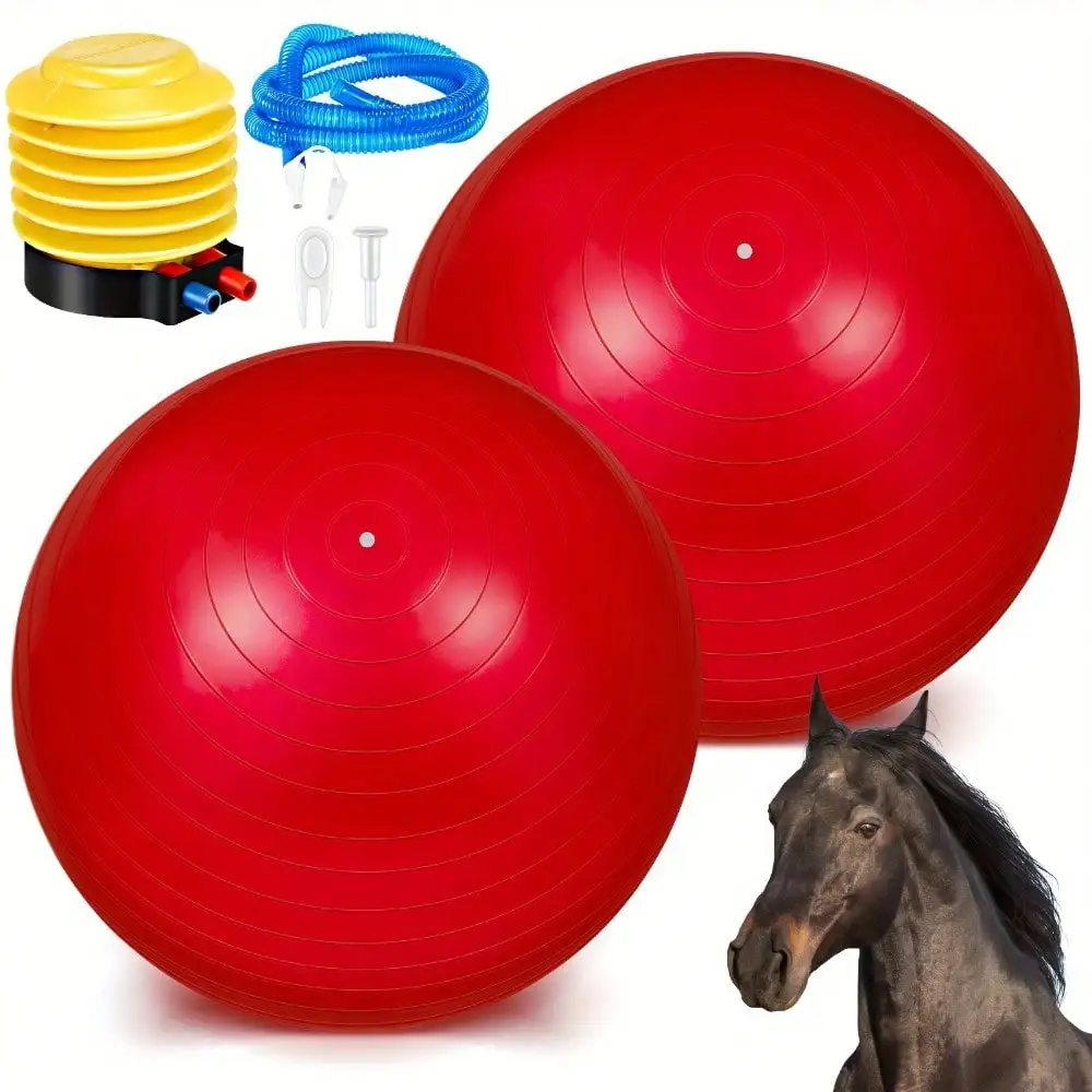 Large 40-Inch Horse Exercise Balls Set – 2-Pack For Equine Enrichment, Herding Practice & Durable Dog Play; Includes Hand Pump; Red Color; Made With Anti-Burst PVC Material; Suitable For Large Animals And Active Dogs; Lightweight Yet Sturdy Design; E