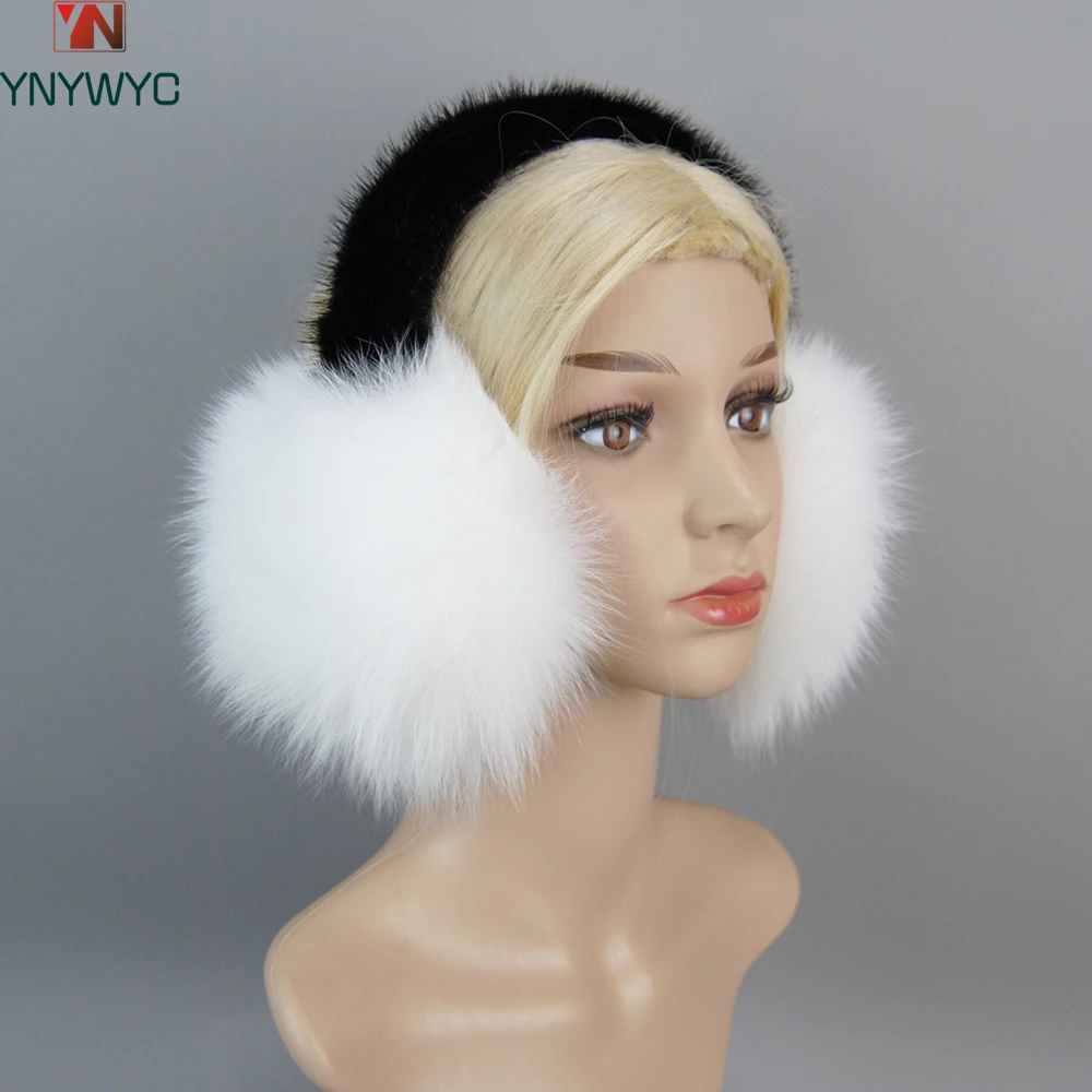 Fluffy 100% Genuine Real Fox Fur Earmuff New Ladies Luxurious Real Mink Fur Earlaps Winter Warm Women Natural Fox Fur Ear Muffs