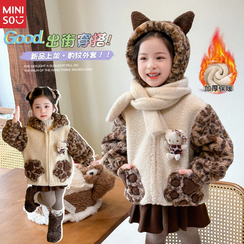 

2025 Girls Leopard Print Fleece Coat Winter Hooded Thickened Top Cute Fuzzy