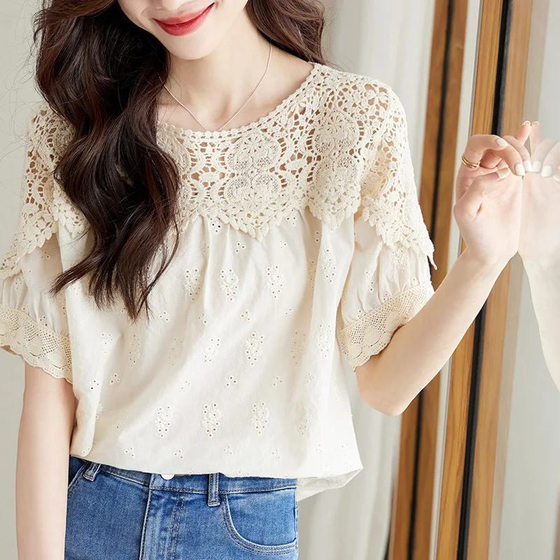 

Elegant Pure Cotton Lace Hollow out Long Sleeve Women's Shirt Spring 2025 Design Sensation Unique Top Stylish Commute Shirt