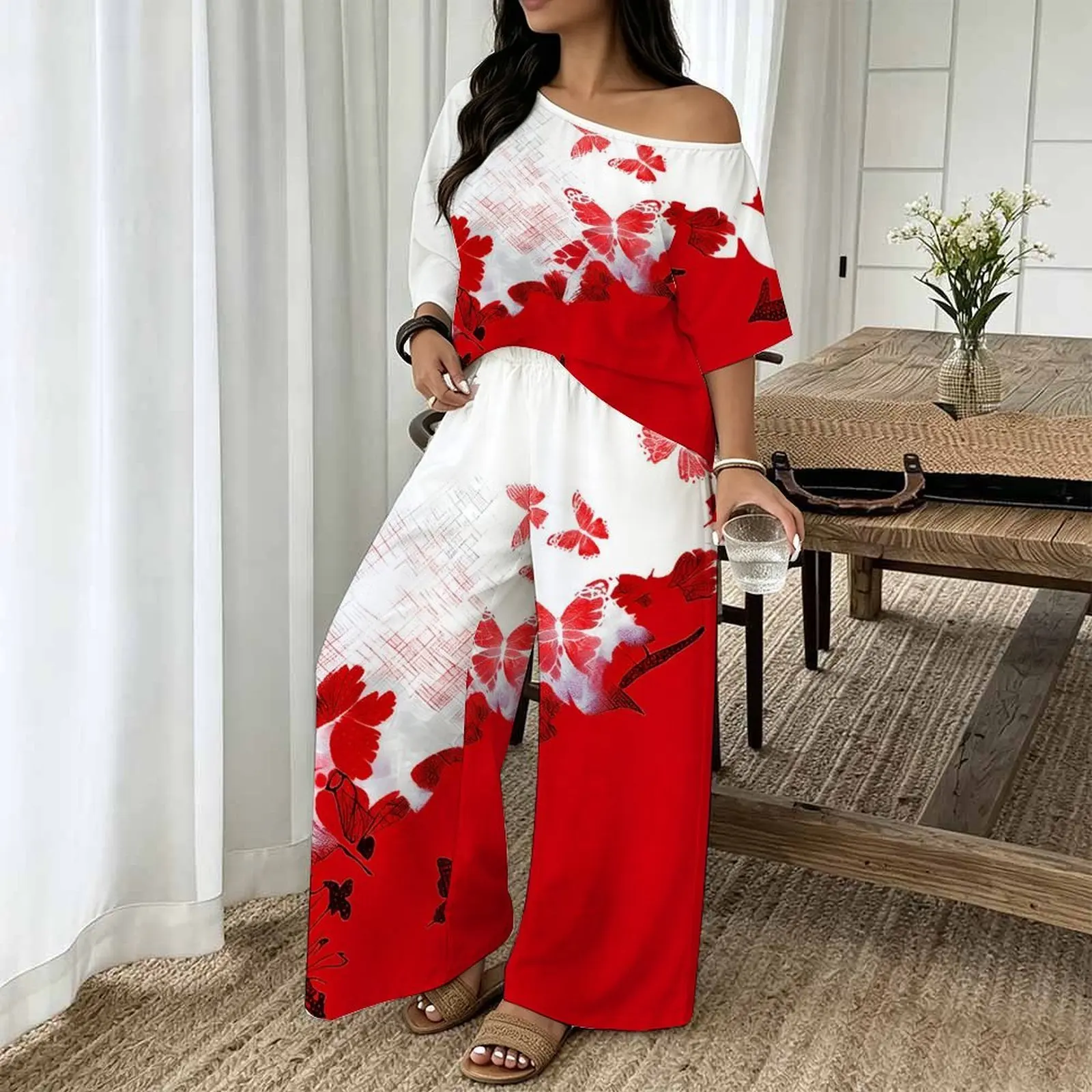 Plus Size Women Casual Print Two Piece Set Round Neck Sloping Shoulders  Short Sleeved Top Clothes Beach Vacation Sweatpants