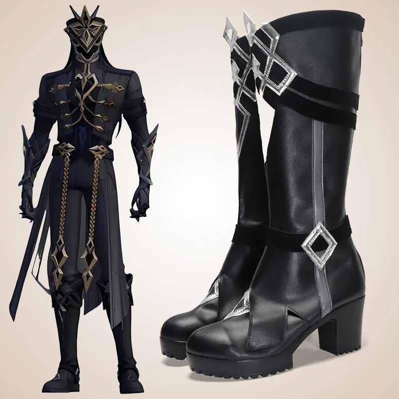 Anime Genshin Impact II Capitano Cosplay Shoes Black High Heels Medium-Long PU Leather Boots For Halloween Carnival