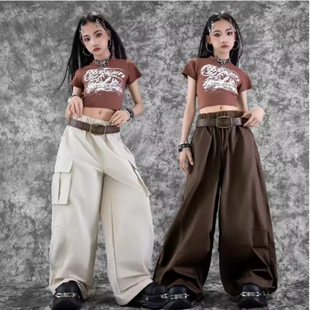 Girls Jazz Dance Costume Fashion Street Dance Show Clothing Brown Crop Top Hip Hop Loose Trousers Children Kpop Outfit  yj127