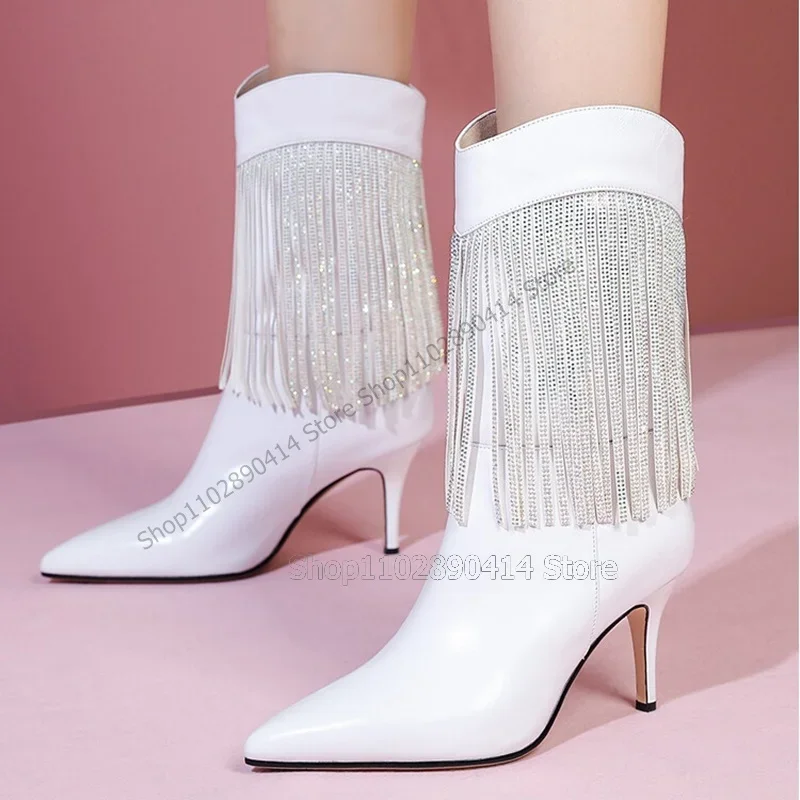 

White Black Crystal Tassels Decor Pointed Toe Boots Slip On Women Shoes Thin High Heels Novel Fashion 2023 Zapatos Para Mujere