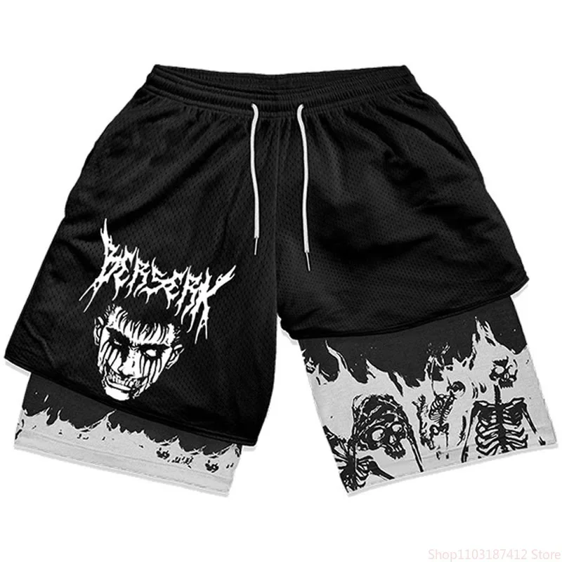 Summer Anime Print 2 in 1 Men Compression Double Layer Shorts Sports Performance Fitness with Pockets Quick Drying Shorts S-5XL