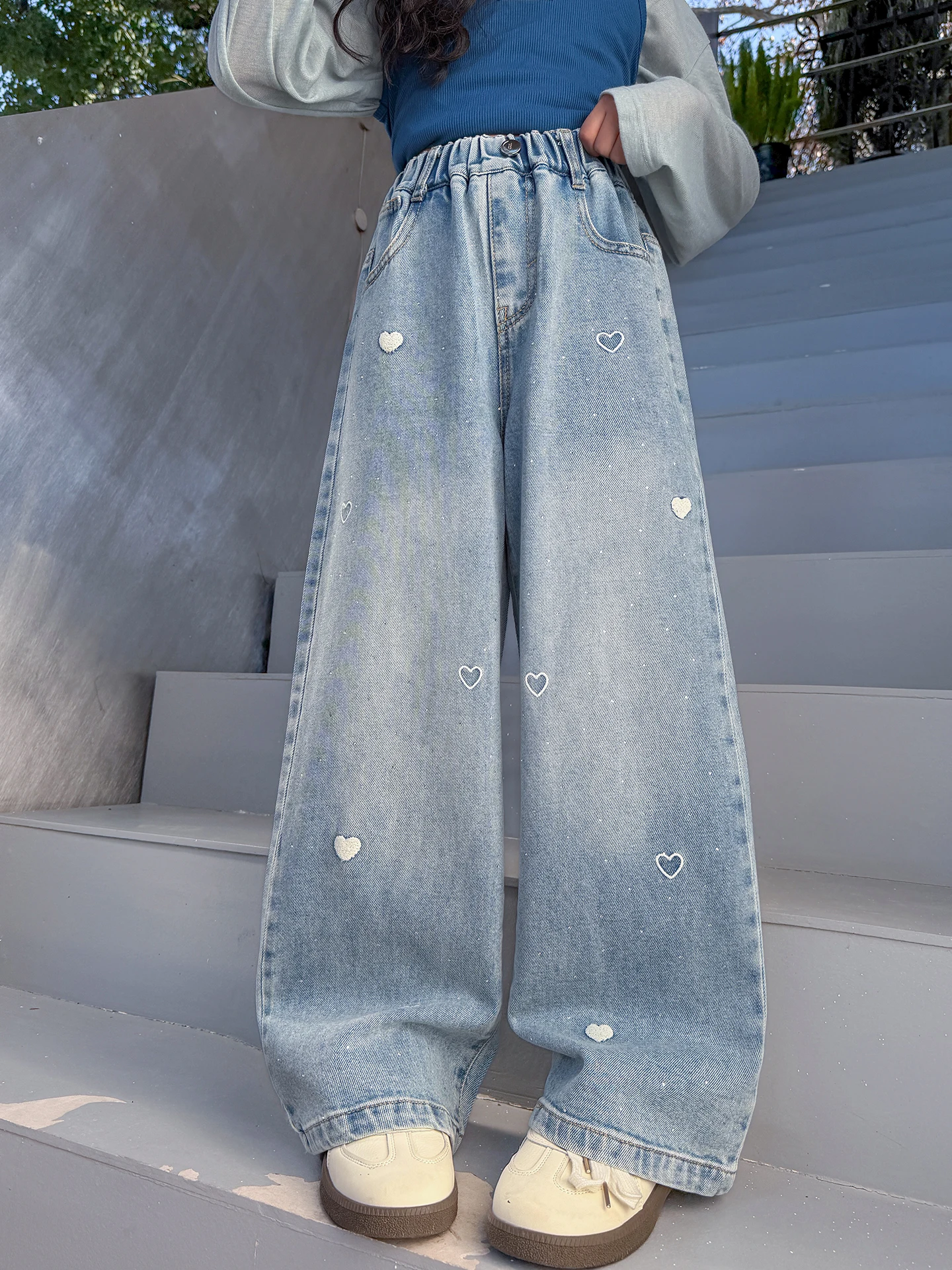 

Spring Fashion Girls Jeans Casual Wide Leg Pants Korean Style Outdoor Wear Comfortable Cotton Elastic Waist Straight Tube Pants