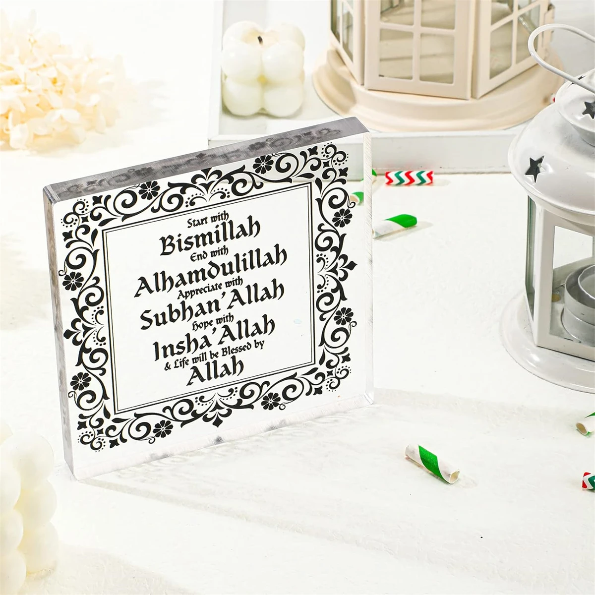 Islamic Acrylic Decor Eid Ramadan Mubarak Decor，Acrylic Sign Desktop Ornament Arabic Ramadan Decoration Birthday Gift (Black) ﻿