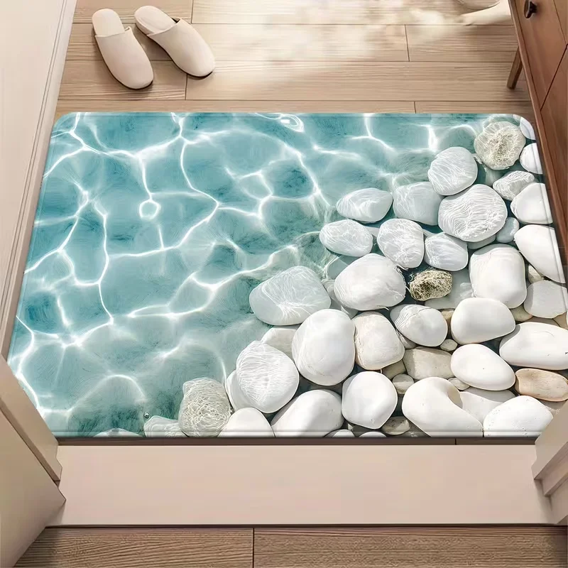 Ocean Beach Door Mat Starfish Seashell Design Welcome Entrance Rug Water Sand Soft Non-Slip Doormat Coastal Style Doorway Mat