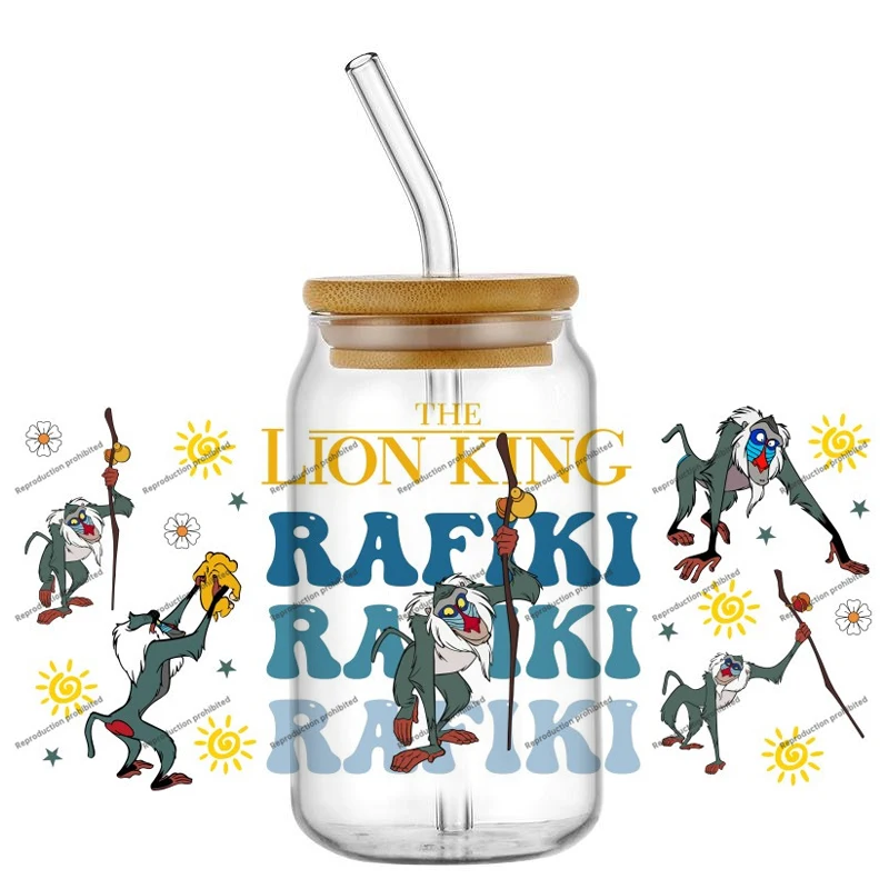 The KING Lion cartoon Characters UV DTF Cup Wrap 16oz Libbey Glass Can Beer Tumbler DIY transfer Sticker Selfadhesive Washable