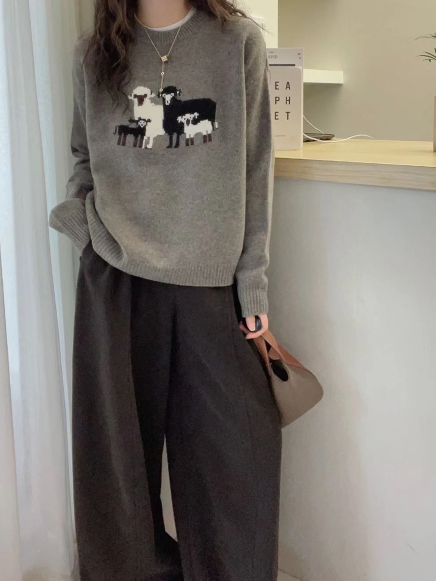 

Уютный свободный женский вязаный свитер с длинными рукавами и круглым вырезом в корейском стиле для зимы