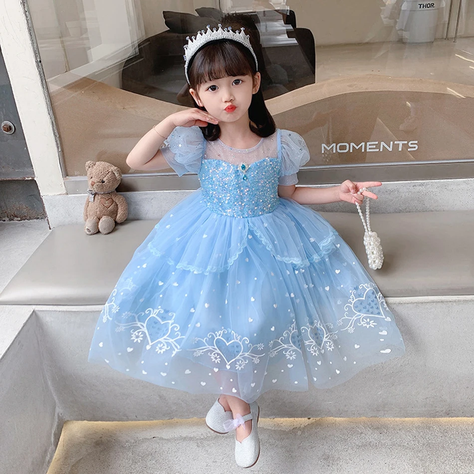 Kid Halloween Elsa Cosplay Dress Girl Princess Birthday Party Elza Snow Queen Carnival Costume Blue Sequins Clock Mesh Clothing