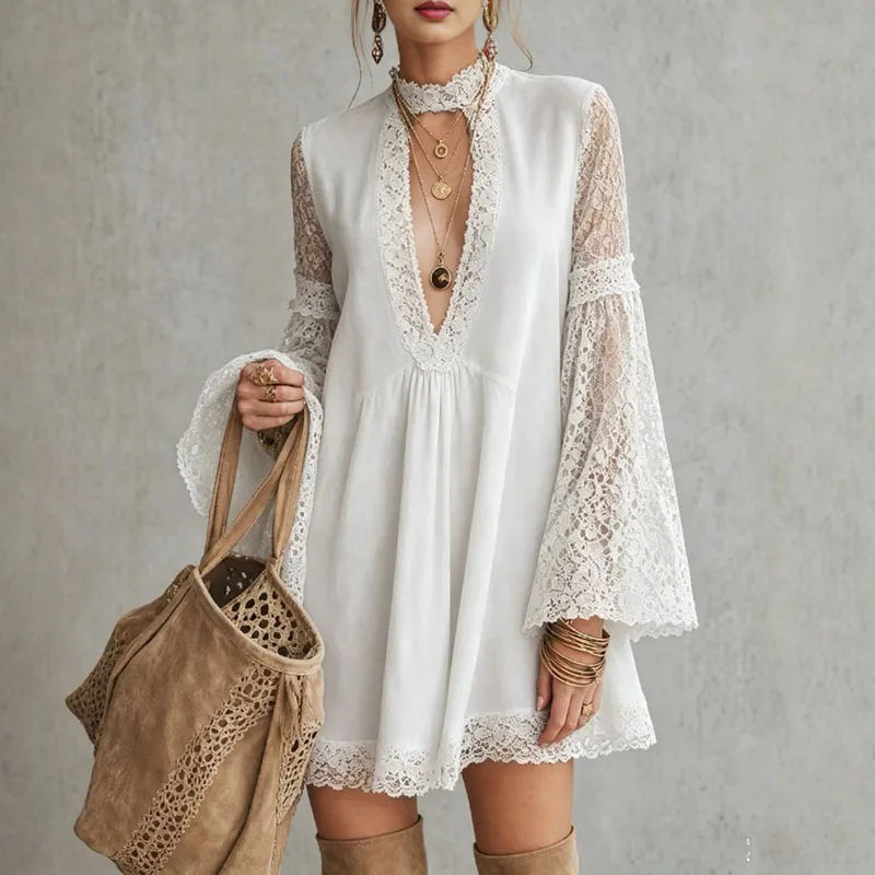 Boho Faux Suede Spliced Lace Dress Ladies Deep V Neck Flared Sleeve Loose Swing Short Dress Vintage Festival Holiday Solid Dress