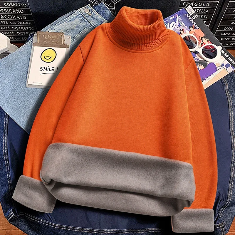Mens Casual Lamb Fleece Lined Turtleneck Pullover Tops Tone Skin Friendly Thermal Long Sleeve Basic Sweatshirts Daily Outfit