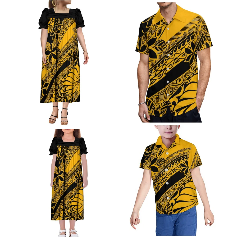 Polynesian Family Party Set Mumu Women'S Dress Mumu Girls' Dress Puffy Sleeve Dress Hawaiian Men'S Shirt Boys' Shirt