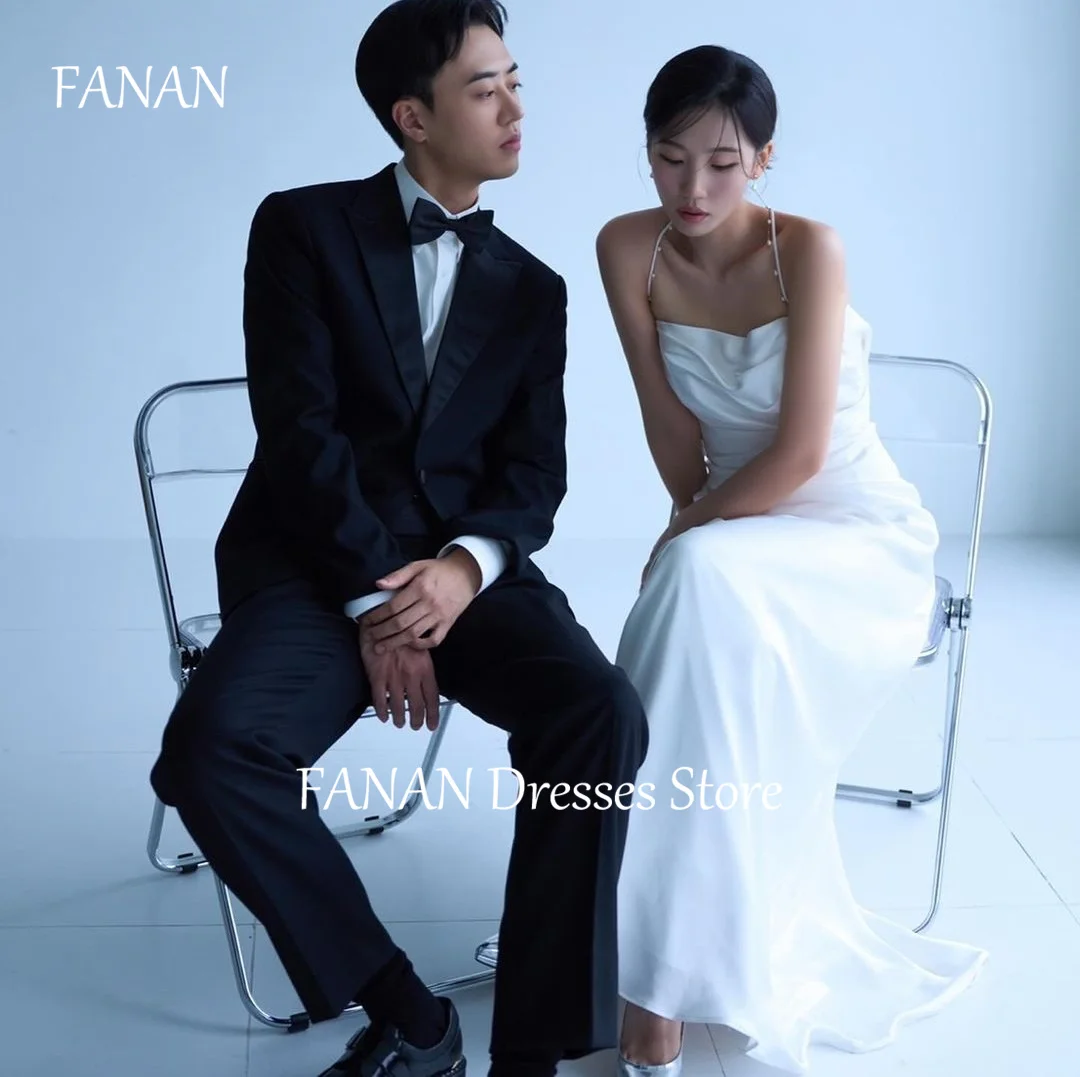 

FANAN Korea Elegant Ivory Pearls Neck Sheath Wedding Dresses 웨딩드레스 Sexy Sleeveless Satin Custom Made Bride Gowns Plus Size