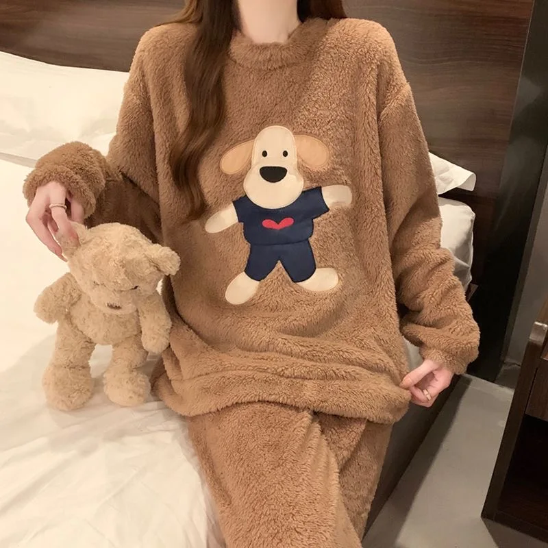 Cartoon Dog Pajama Sets Women Winter Christmas PJ Fluffy Warm Flannel Homewear Brown Sleepwear Y2K Kawaii Cutecore Nightwear