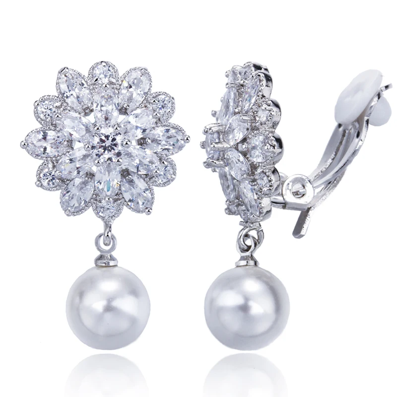 CWWZircons Fashion White CZ Crystal Drop Pearl Flower Clip on Earrings Non Pierced 5A Cubic ZIrcon Bridal Wedding Jewelry EJ0012