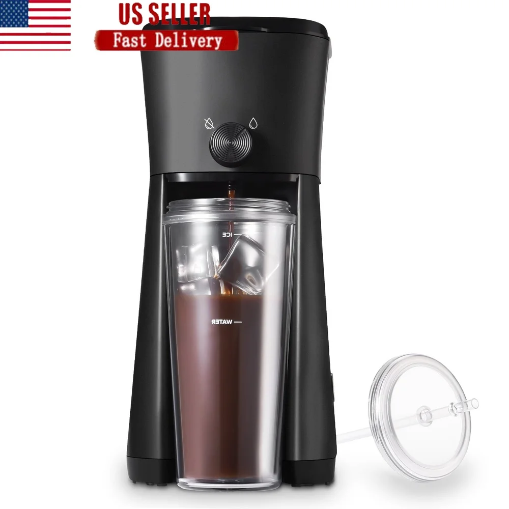 

Black 20-Cup Iced Drip Coffee Maker with Travel Tumbler Reusable Filter Easy Control Knob 4 Min Brew Time Compact Design