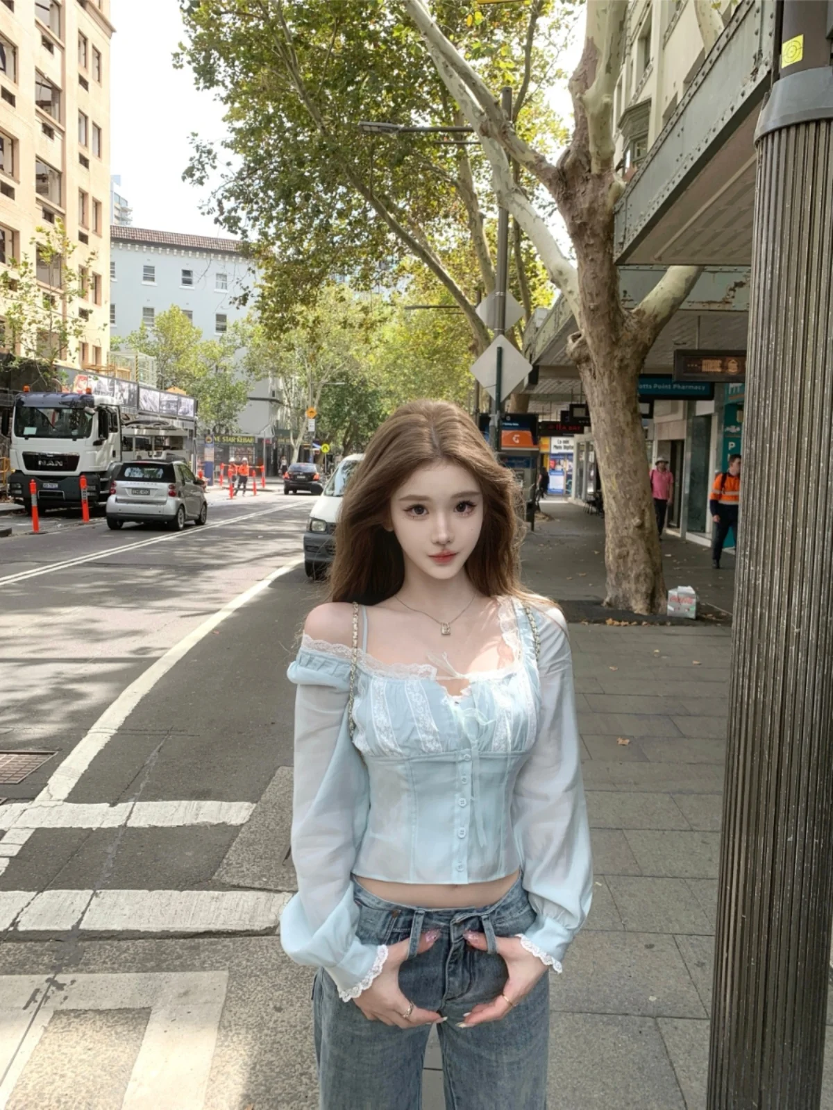 

JMOP Blue nut Milk Gelatin Design Sensation Strap Vest Lace Trim irt Two-Piece Early Spring Korean Sle Top