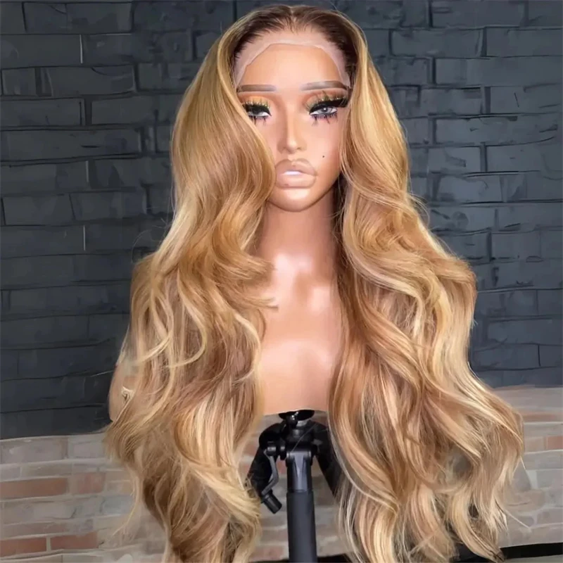 Woman Wigs High Density Wig Free Part Ombre Golden Blonde Highlights Synthetic HD Lace Front Wig with Roots Preplucked Hairline