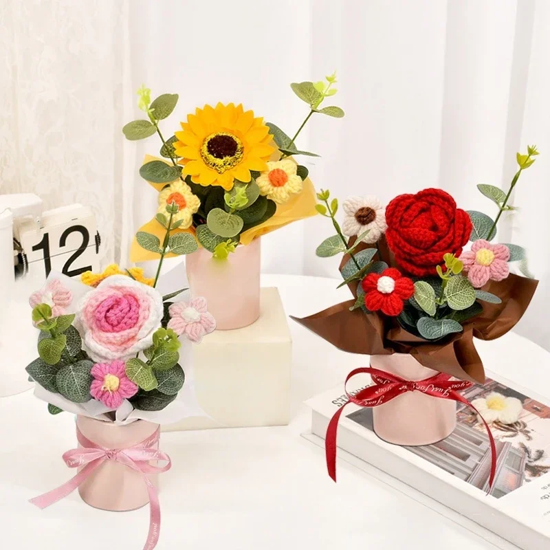 

Crochet Flowers Hugging Bucket Artificial Flower Bouquet Hand Woven Puff Flowers Teachers Valentines Wedding Gifts Home Decor