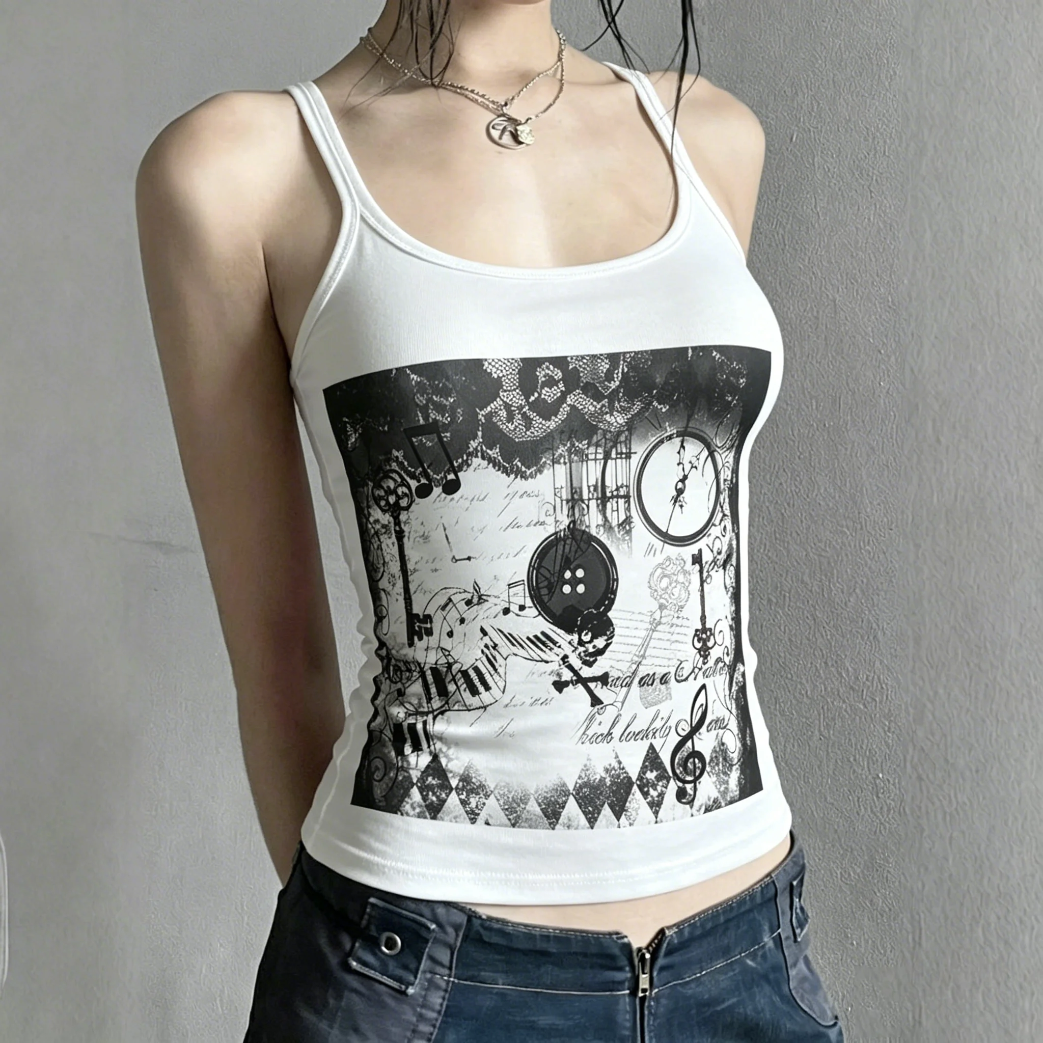 Women's Vintage Gothic Music Note Clock Print Top Y2K Strap Slim Fit Tank Top Retro Punk Streetwear Sleeveless summer Daily emo