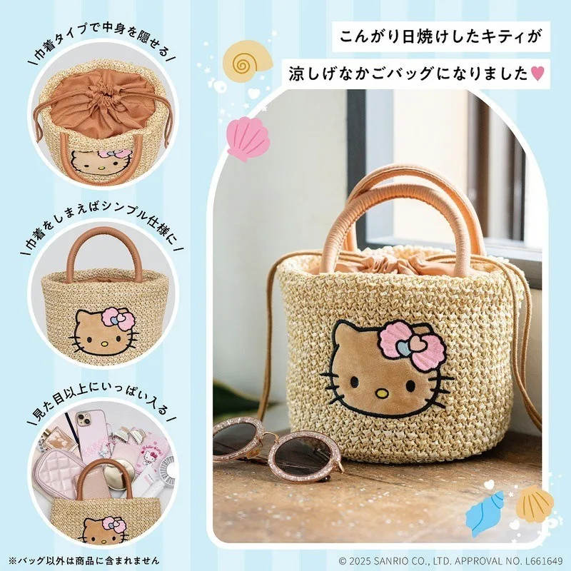 

New Hawaiian Black Leather Cute Hellokittys Embroidered Woven Bag Vacation Style Travel Photo Drawstring Tie Pocket Handbag Gift