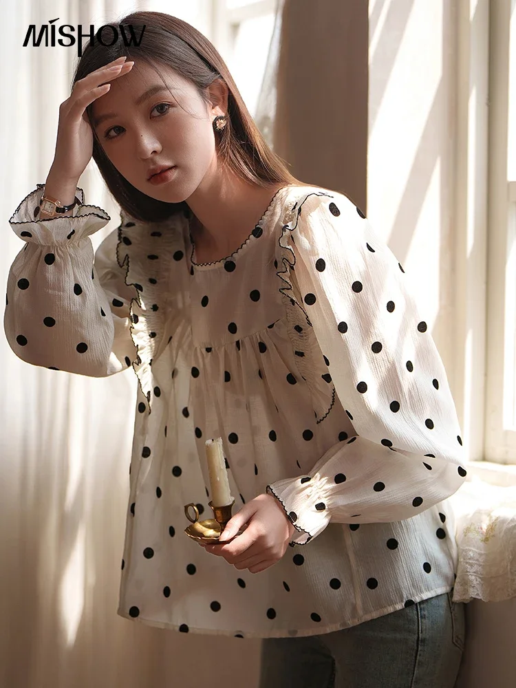 MISHOW Polka Dot Blouses for Women Spring/Summer French RUFFLES Petal Sleeve Loose O Neck Pullover Sweet Tops MXC14X0013