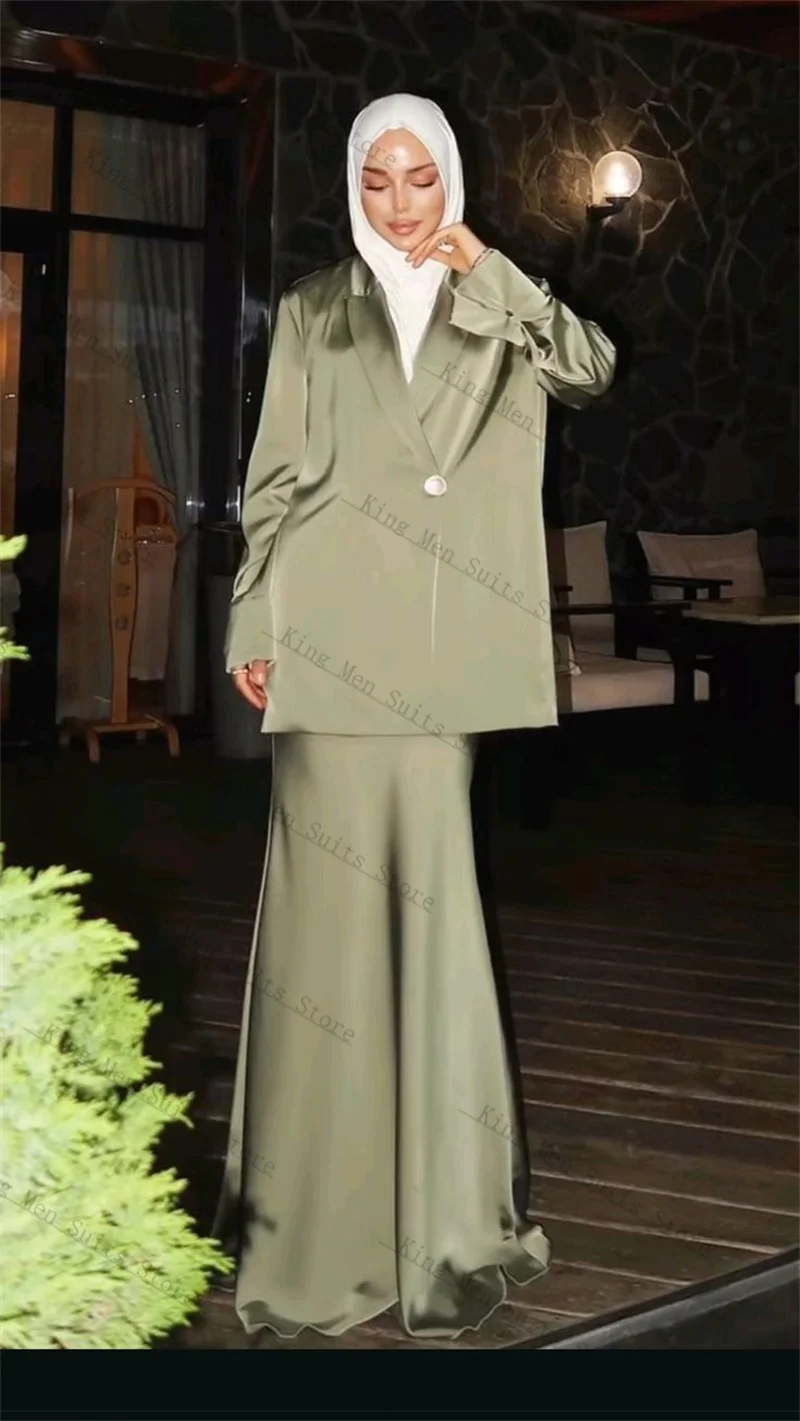 

Olive Green Satin Formal Women Suits Skirt Set 2 Pieces Blazer+Prom Dress Customized Office Lady Loose Jacket Wedding Prom Coat