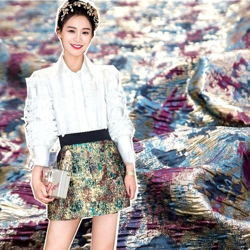 

Gold Silk Brocade Jacquard Fabric Flower Yarn Dyed Suit Coat Windbreaker Clothing European Brand Fashion Design Wholesale Cloth