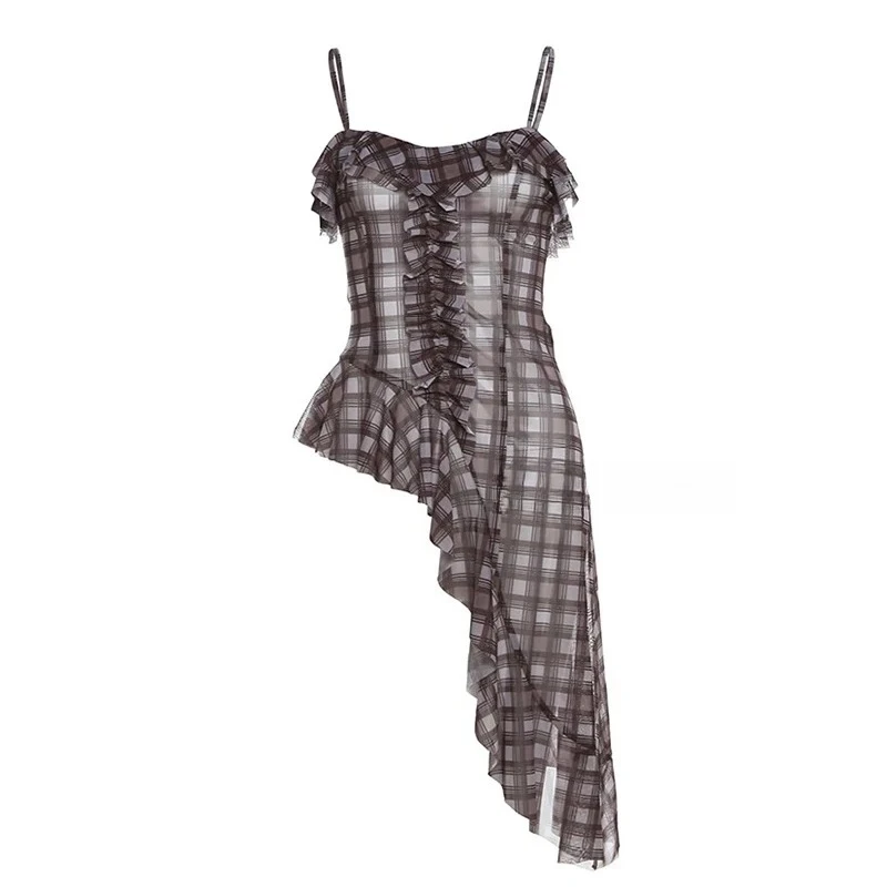 

2025 Spaghetti Strap Ruffled Cami Dual-button Maxi Long Denim Skirt SUMMER Retro Y2k Women Clothes Stitching Plaid Top Skirt Set