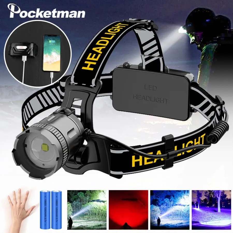 

Rechargeable Headlamp Blue/Red/White/UV Light Motion-sensing LED Headlight with 4 Modes Waterproof Zoom Head Lamp with Battery