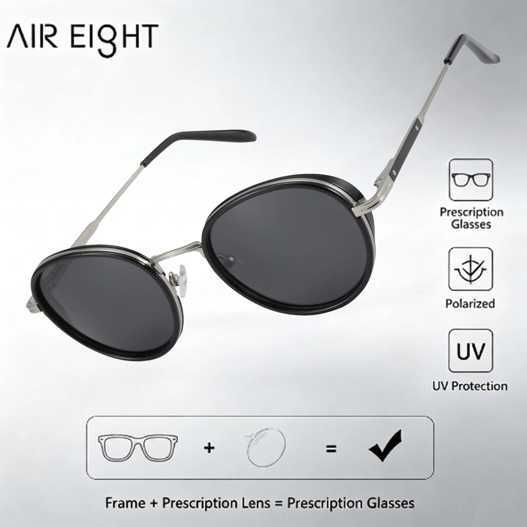 AIR EIGHT Round Metal TR90 Unisex Prescription Sunglasses Polarized UV400 Progressive Lenses Daily Eyeglasses